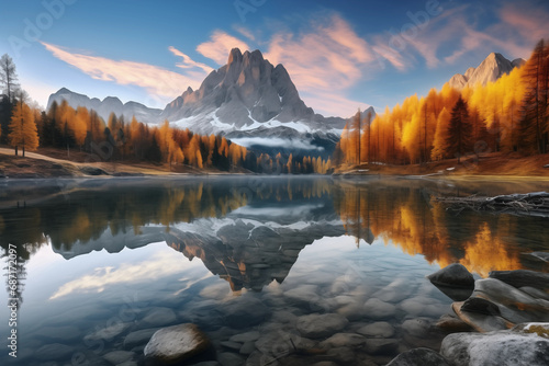 Autumn view of Lake Federa in Dolomites at sunset