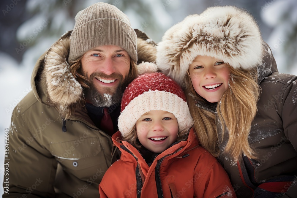 Family photo in winter clothes against a snowy backdrop