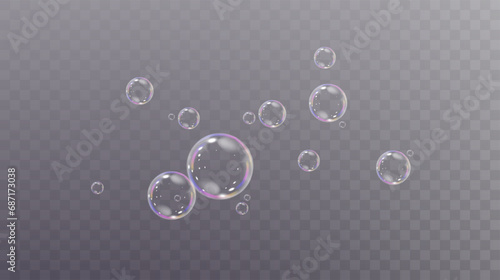 Realistic soap vector bubbles png isolated on transparent background. The effect of falling and flying bubbles. Glass bubble effect. 