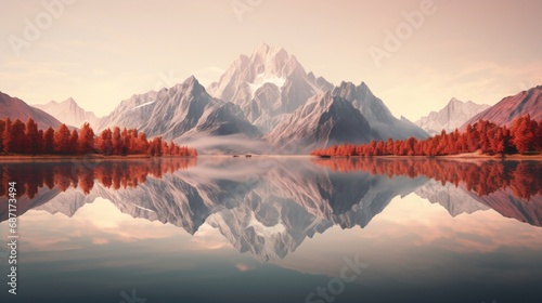 A symmetrical reflection of a mountain range on a tranquil lake, creating a stunning and harmonious landscape.