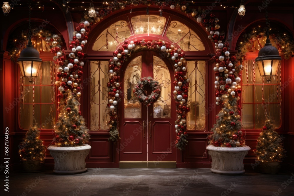 Obraz premium Christmas Decorated Doors - Generative AI