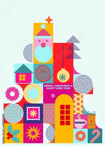 New Year, Merry Christmas - seasonal composition from isolated graphic, cartoon elements on a white background in pastel colors. Hand drawn digital illustration