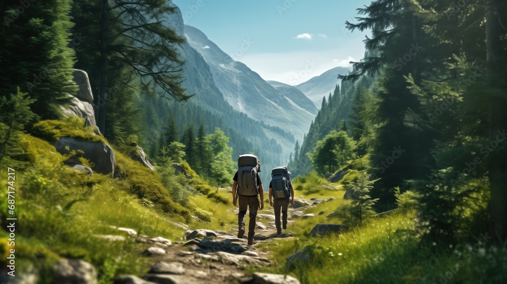 A vibrant, well-preserved forest trail with tall trees and diverse flora and fauna. Hikers enjoying responsible outdoor recreation amidst lush greenery and a thriving, sustainable ecosystem. A vibrant, well-preserved forest trail with tall trees and diverse flora and fauna. Hikers enjoying responsible outdoor recreation amidst lush greenery and a thriving, sustainable ecosystem.