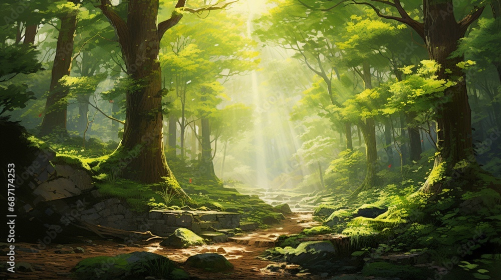 A tranquil forest scene with sunlight filtering through the lush green canopy, creating a serene atmosphere.