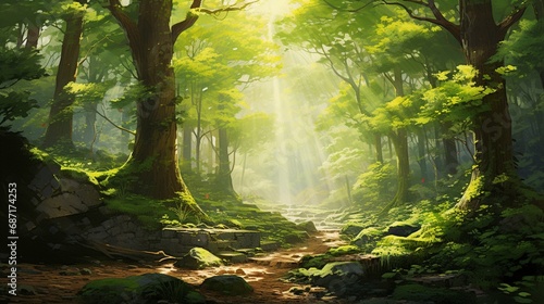 A tranquil forest scene with sunlight filtering through the lush green canopy, creating a serene atmosphere. © Ibraheem