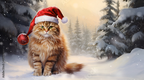 large fluffy red cat with a very big belly, a Santa hat on his head