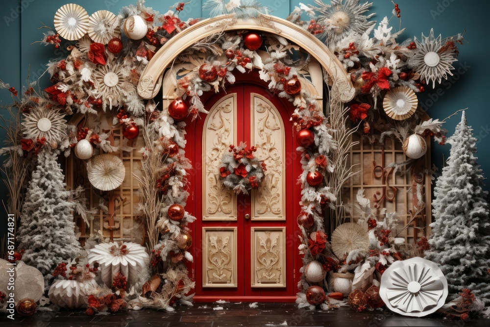Fototapeta premium Christmas Decorated Doors - Generative AI