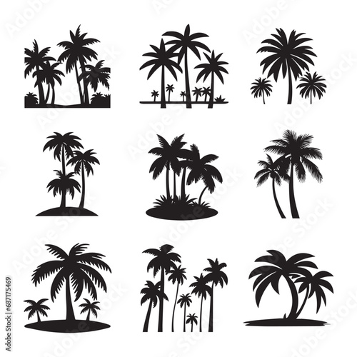 Palm tree silhouette icon illustration set black on white background