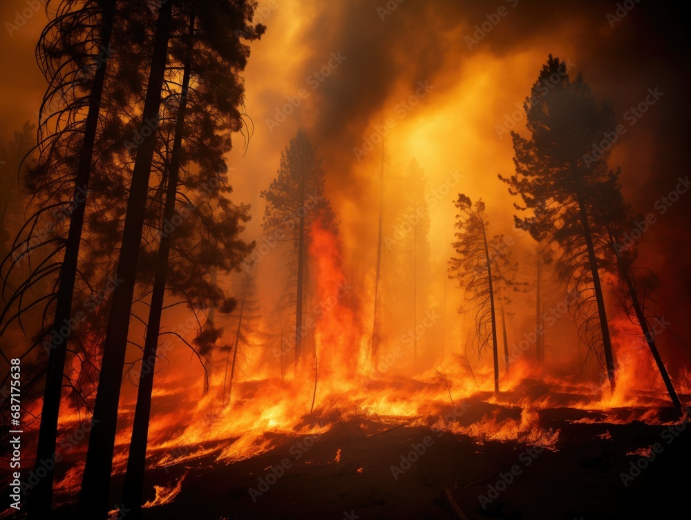 Intense, spreading wildfire in dry forest, with vivid flames, menacing shadows, and thick black smoke. Urgency and danger fill the air as the fire rapidly engulfs surrounding trees