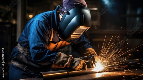 Industrial worker in a dark blue jumpsuit wearing a protective mask and welding torch. Sharp-focus, hyper-realistic image with sparks in a high-energy composition