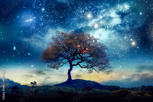 Fabulous night illustration of a lone tree against a bright starry sky
