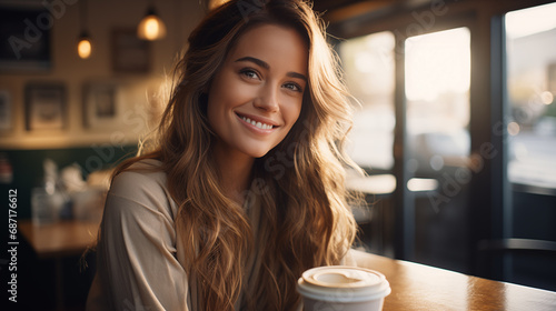 A young beautiful woman with caramel hair color and a smile is in a coffee shop. Leisure, visiting a cafe © Helka