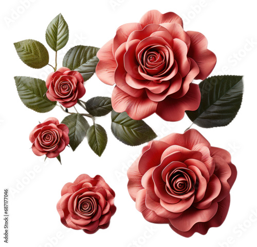 Set of Red Roses plant with leaves isolated cutout on transparent background. Valentine s day-wedding. advertisement. product presentation. banner  poster  card  t shirt  sticker.