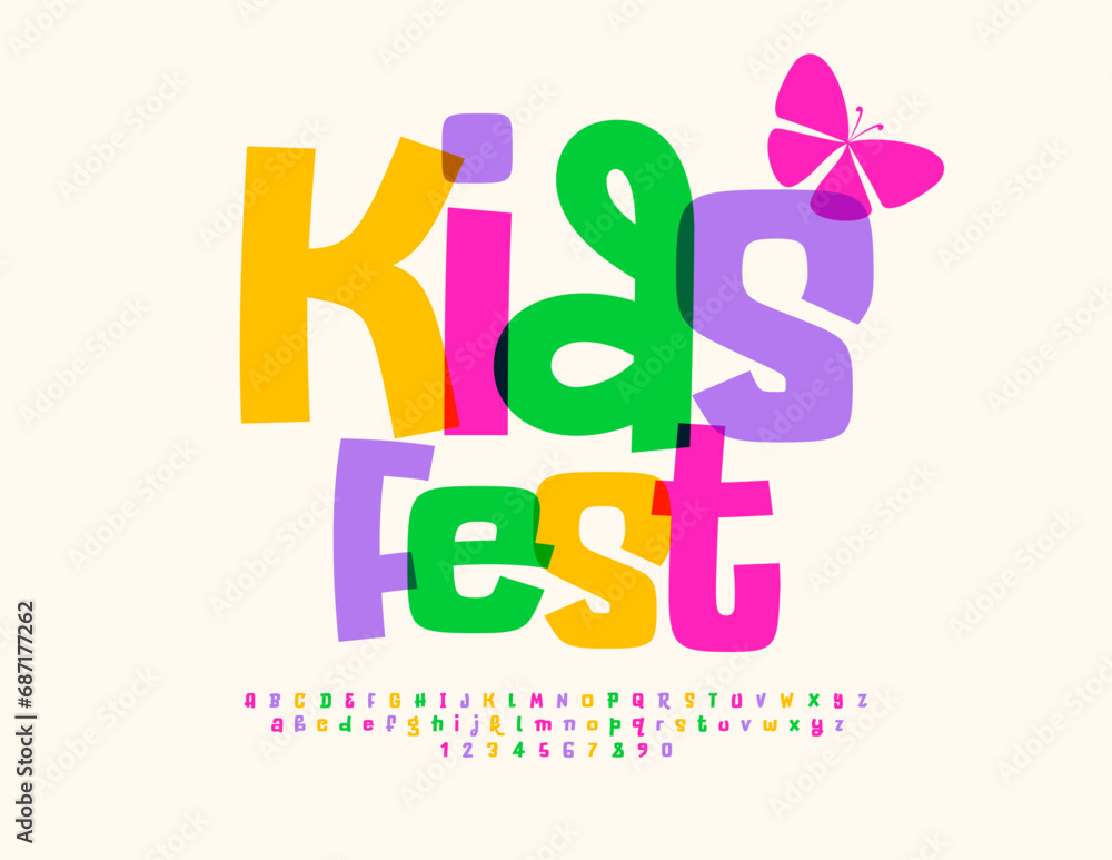 Vector funny poster Kids Fest with decorative Butterfly. Colorful artistic Font. Playful Alphabet Letters and Numbers set