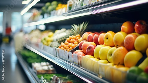Close up view on shelves full of fruits in supermarket, view on shelves with fruits photo
