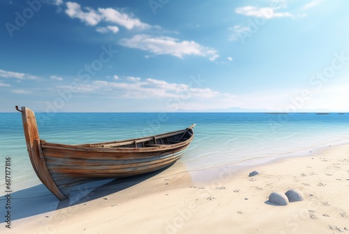 beach with bright blue sky and on a wooden boat. generative ai