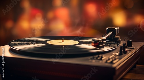 A vintage vinyl record player spinning with a blurred background, evoking a sense of nostalgia and music appreciation.