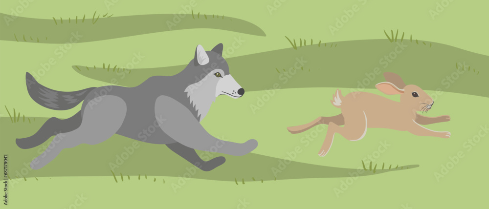 Wolf Catch Rabbit vector drawing wolf catches up with rabbit at green grass, hand drawn ...