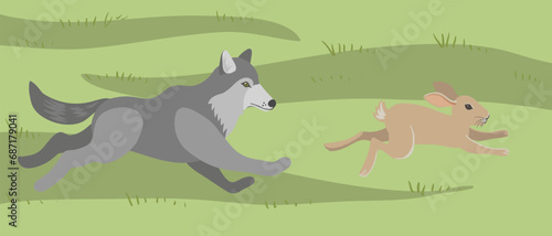 vector drawing wolf catches up with rabbit at green grass, hand drawn animals isolated at white background , cartoon style character © cat_arch_angel