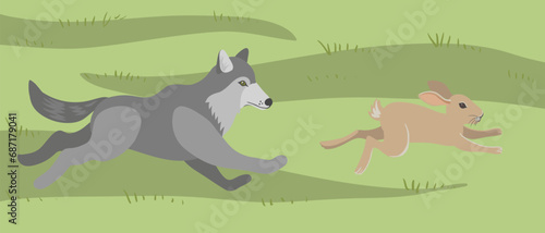 vector drawing wolf catches up with rabbit at green grass, hand drawn animals isolated at white background , cartoon style character