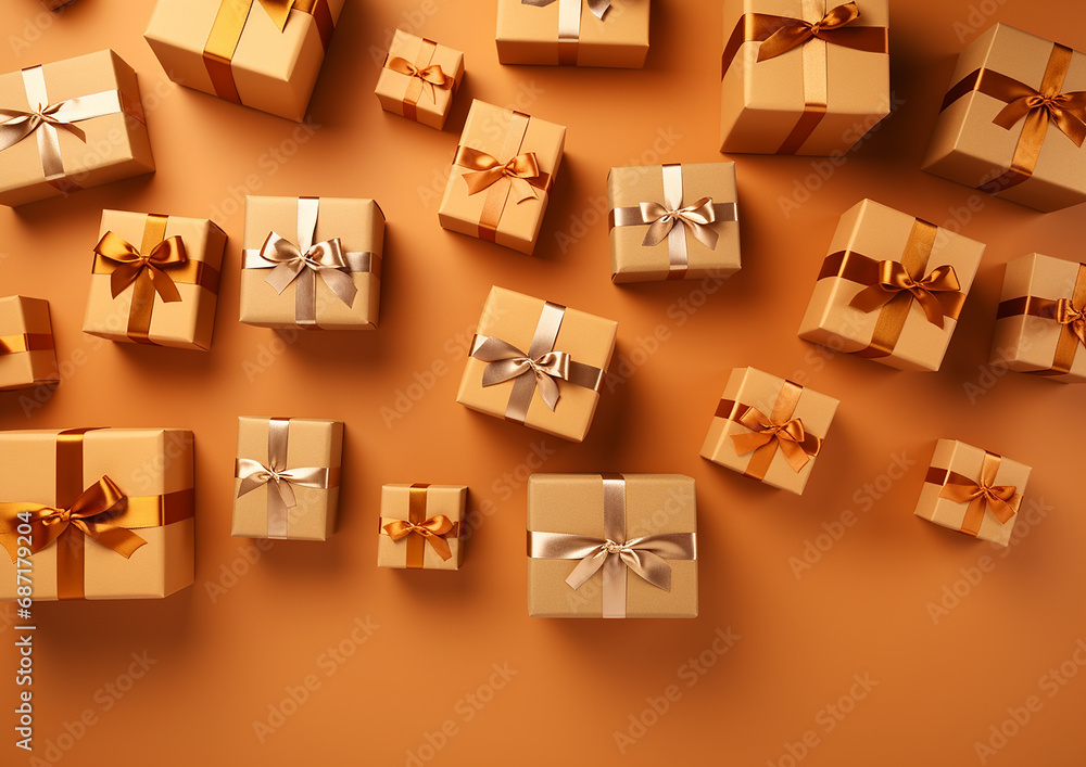Top view of the gold color gift boxes on an orange-golden color background. Black Friday discount offer.  New Year, birthday. Greeting card, present, web banner background AI generated image.