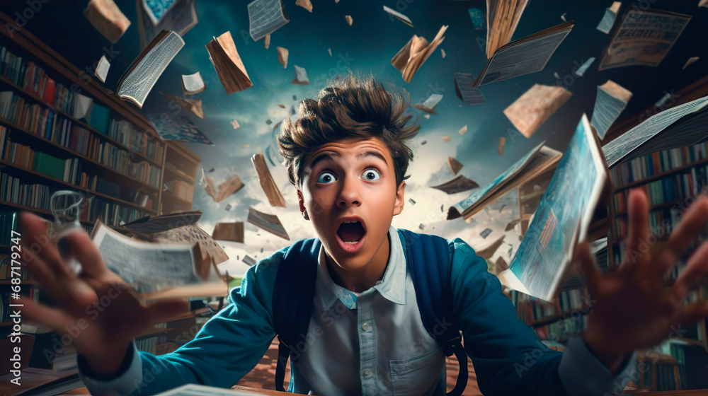 Very excited school boy guy male student has a great brilliant idea. Floating flying books and library shelves background. Male student creative new solution. Brainstorm idea imagination innovation - obrazy, fototapety, plakaty 