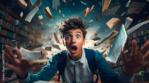 Very excited school boy guy male student has a great brilliant idea. Floating flying books and library shelves background. Male student creative new solution. Brainstorm idea imagination innovation