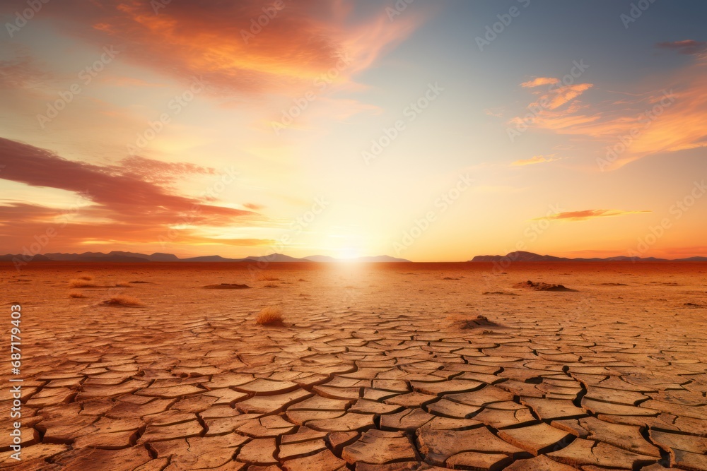 Drought climate and Global warming concept. Cracked earth, arid landscape, at sunset 
