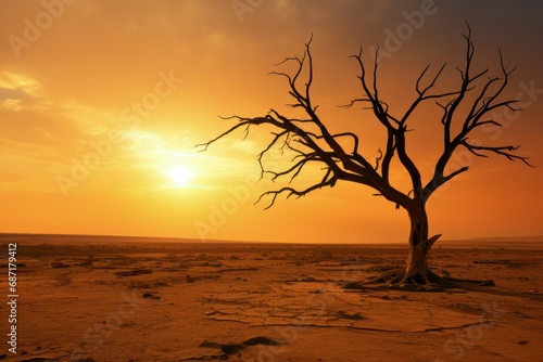 Drought climate and Global warming concept. Dry tree silhouette, dead tree trunk in an arid landscape at sunset © Rawf8