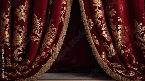 Luxurious burgundy brocade curtains with heavy golden embroidery featuring swirling vines and exotic birds. The rich fabric adds elegance to any home decor photo