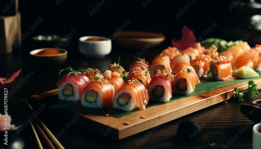 sushi and chopsticks on a wooden table on black background, Sushi set on wooden table. Sushi roll with salmon, avocado, cream cheese, nori, cucumber, ginger, wasabi and soy sauce sushi and chopsticks on a wooden table on black background, Sushi set on wooden table. Sushi roll with salmon, avocado, cream cheese, nori, cucumber, ginger, wasabi and soy sauce