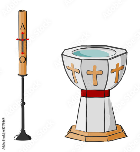 Stone baptismal font and paschal candle on a candlestick