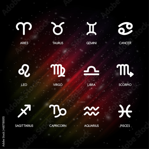 Set of vector zodiac signs, icons with captions, on colorful space background