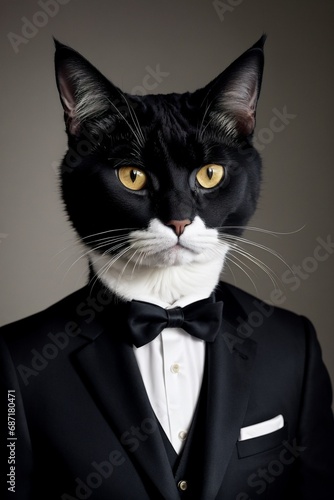 a cat in a tuxedo is looking at the camera while wearing a suit and bow tie with a black background © AntonSednev