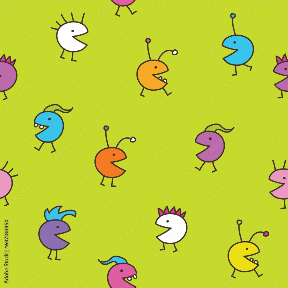 Colorful fantasy characters, little monsters, seamless pattern