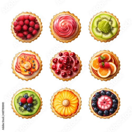 Top view of fruit tartlets Isolated on Transparent or White Background, PNG