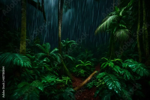 Rain in a rain forest with a thunderstorm