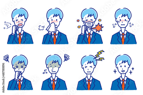 風邪をひいている人。咳や鼻水などの体調不良の症状。