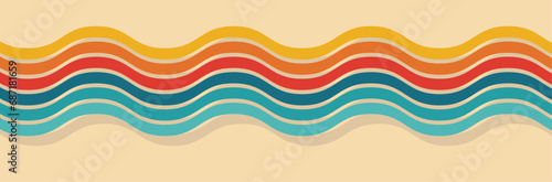 Bannière rétro - Lignes colorées qui ondulent sur un fond beige - Vintage - Arrière-plan de couleurs pastels - Courbes et ondulations de lignes, vagues - Arrondis - Bleu, rouge, orange et jaune 