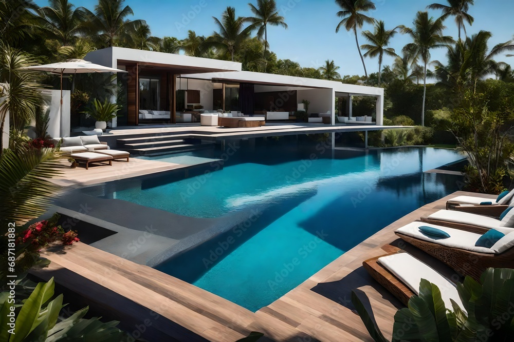 s modern house and its luxurious pool,