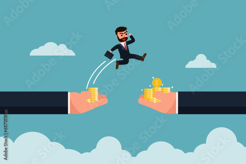 A businessman jumps from a hand with fewer gold coins to a hand that offers more gold coins. Changing jobs or moving into a higher-paying or better-paying job. Vector illustration photo
