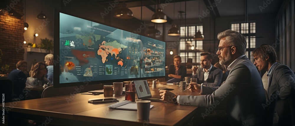 An office data screen is being led by a businesswoman during a meeting..