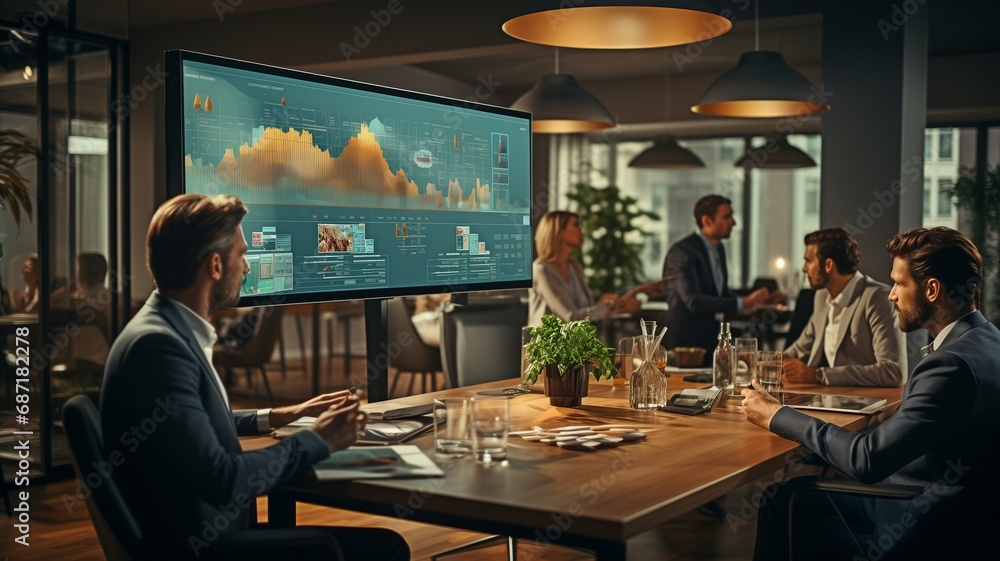 An office data screen is being led by a businesswoman during a meeting.. An office data screen is being led by a businesswoman during a meeting..
