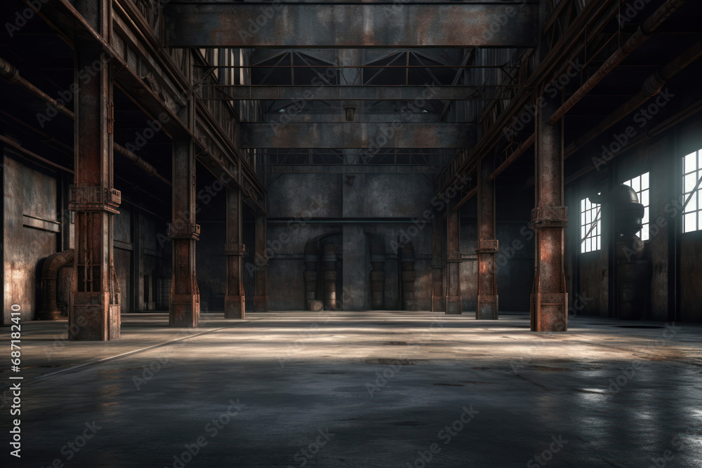The empty expanses of an abandoned warehouse are highlighted by beams of light piercing through the windows, creating a dramatic interplay of shadow and illumination The empty expanses of an abandoned warehouse are highlighted by beams of light piercing through the windows, creating a dramatic interplay of shadow and illumination