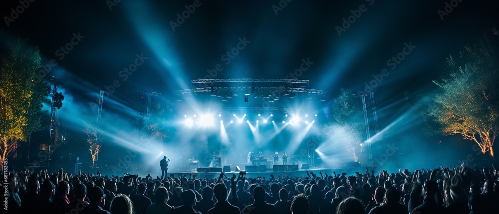 Rock event in a crowded outdoor setting, illuminated by festival lights, with a band of musicians performing on stage. - obrazy, fototapety, plakaty 
