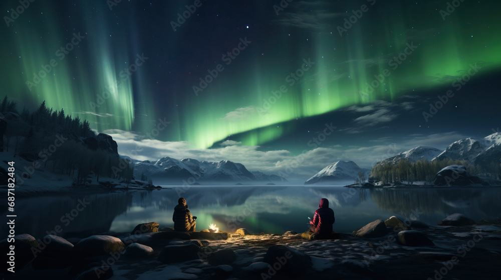 Camping under the aurora borealis in the Arctic winter. Concept of Northern Lights, Wilderness Adventure, and Surreal Natural Phenomenon.