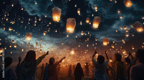 Sky Lantern Release: A portrait of a group releasing sky lanterns into the night sky during a celebratory event, symbolizing hopes and dreams. photo