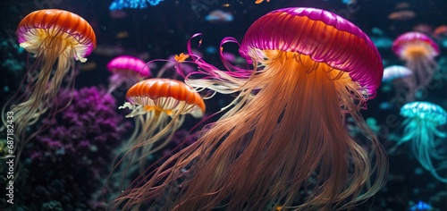 jelly fish in the aquarium.The neon jellyfish in this aquarium seems to dance with a life of its own, its glowing tendrils creating a stunning display of color and movement