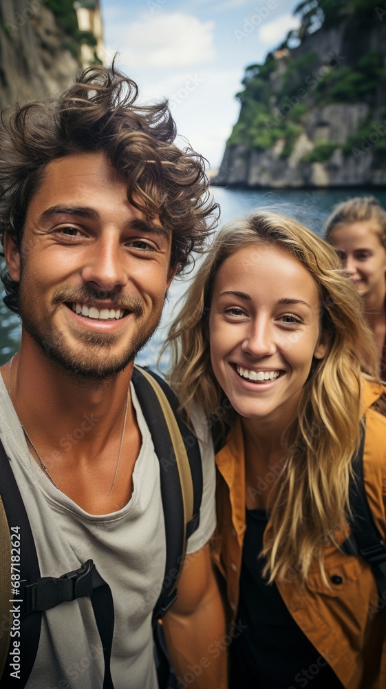 Fototapeta premium At the boat party, friends are taking selfies..
