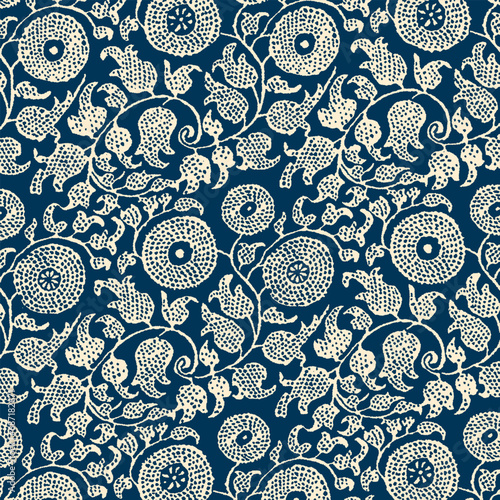 Floral Seamless Pattern. Plant Botanical Ornament. Gold Foliage on Dark Blue, Indigo, Navy Blue Background. Tropical Leaves. Vector illustration. 